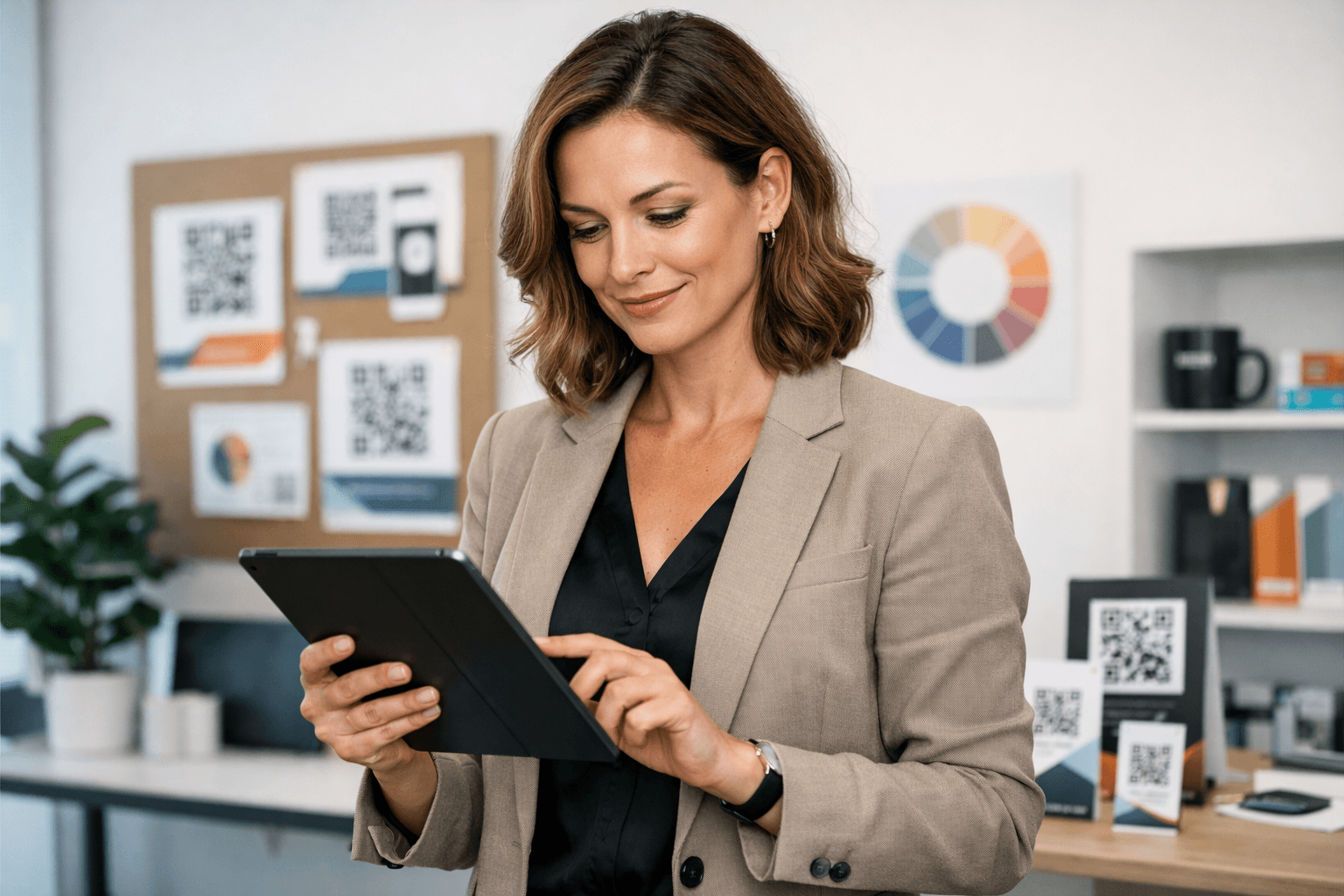 Marketing team reviewing event materials with QR codes